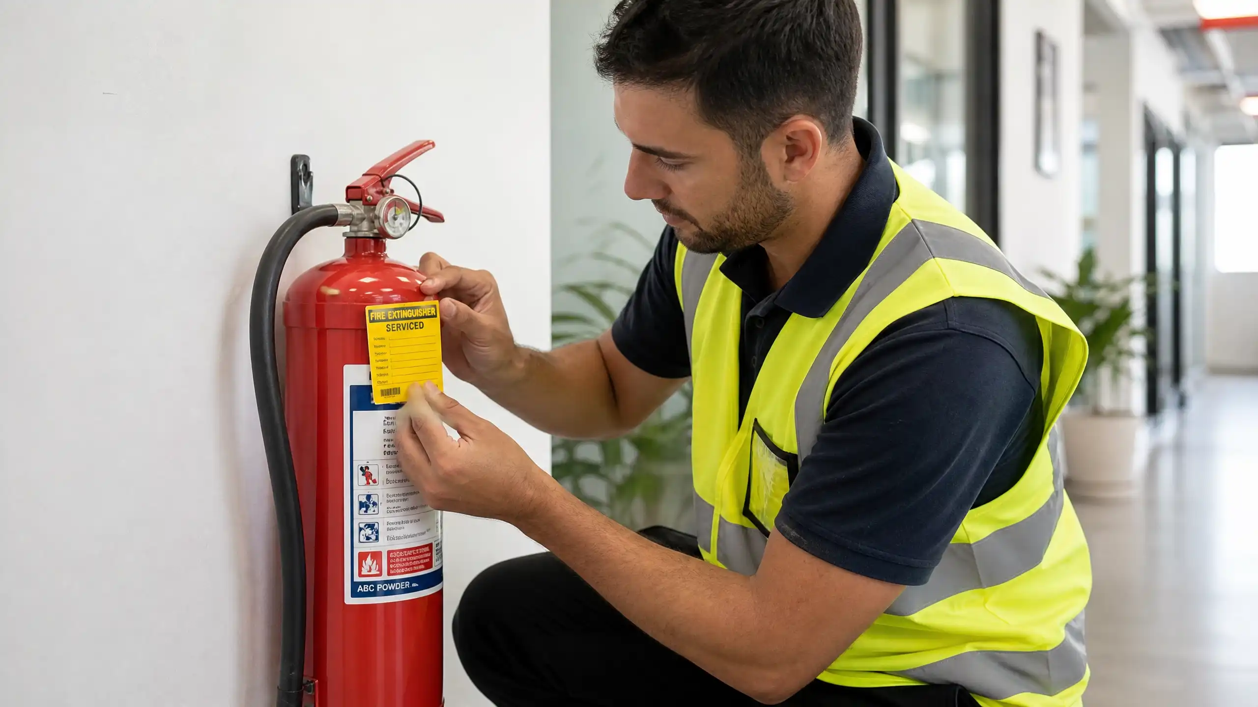 Inspecteur controleert kleppen en manometers van een sprinklerinstallatie